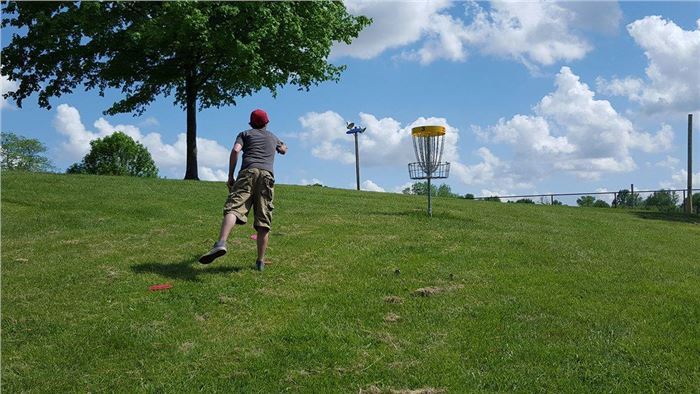 Man Throws Disc Toward Hole at Litz Park